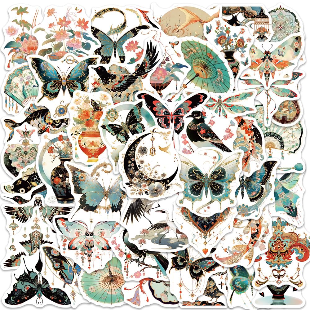 Vintage Chinoiserie Art Stickers - 50Pcs Vinyl Waterproof Chinese Elements Aesthetic Stickers for Water Bottle,Laptop,Scrapbooks,Tumblers