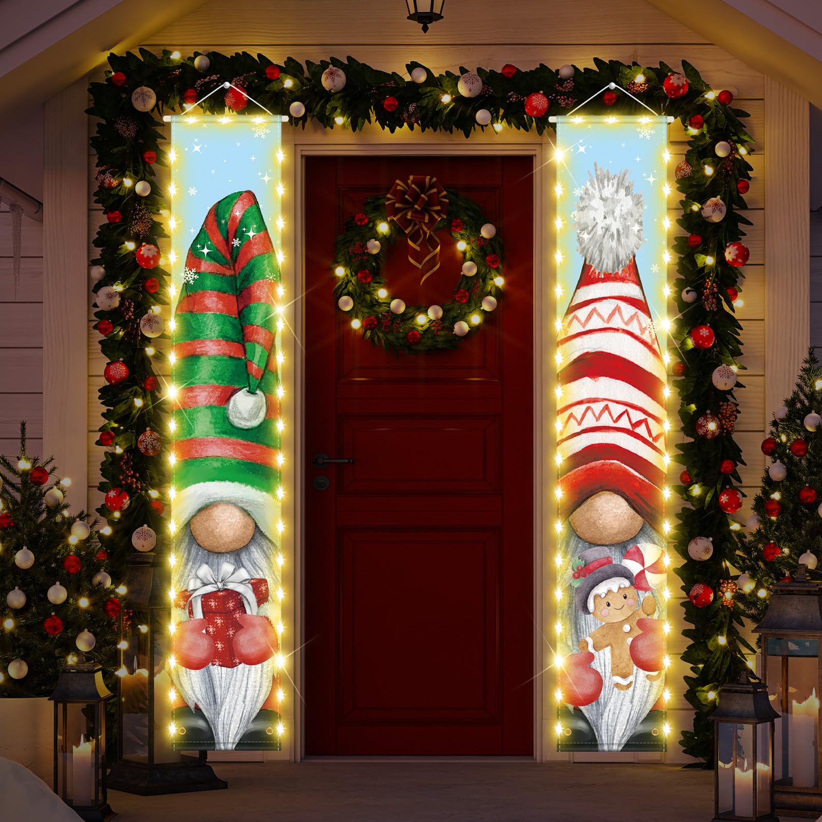 Photo 1 of 2 Pcs Gnomes Porch Signs Banner with LED String Merry Christmas Banners Lights Hanging Porch Signs Banner Xmas for Indoor Outdoor Home Garage Wall Holiday Party Welcome Sign Decorations