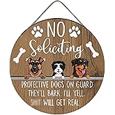No Soliciting Sign for House Door - Rustic Farmhouse Yard Sign Decoration for Dog Owner - Funny No Bothering Warning Reminder Round Plaque for Front Yard