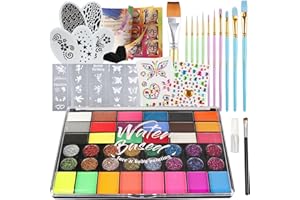 Pintada 42 Color Face Painting Kit for Kids - Non Toxic Water Activated Face Paint Palette With Stencils, Brush, Gems. For Carnival, Halloween, Costume Makeup and Any Creative Activity with Kids