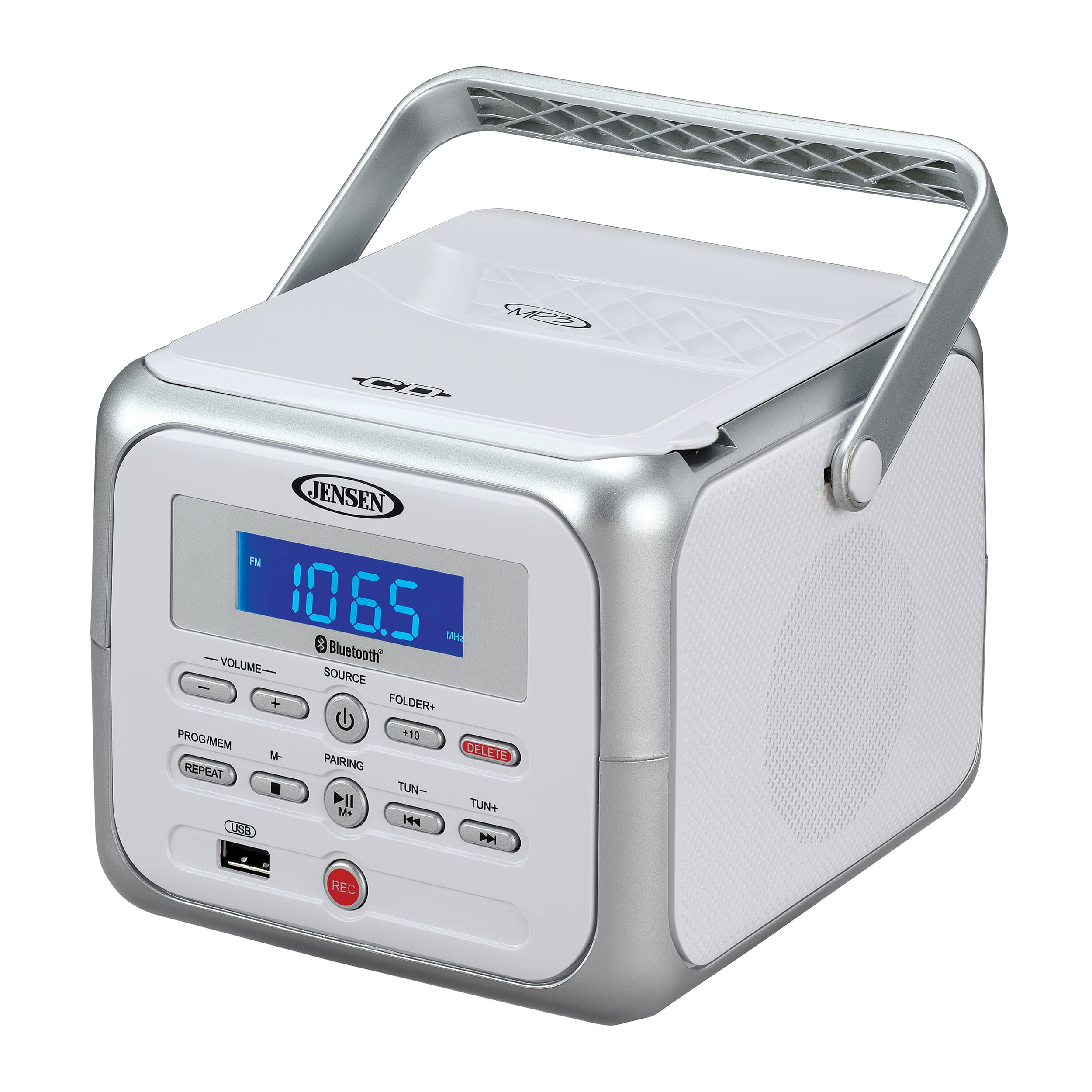 Photo 1 of Jensen CD-660 Portable Stereo CD Player Boombox with Bluetooth | FM Radio | USB | Aux-in Headphone Jack | CD-R/RW MP3 Playback | (Platinum Silver)