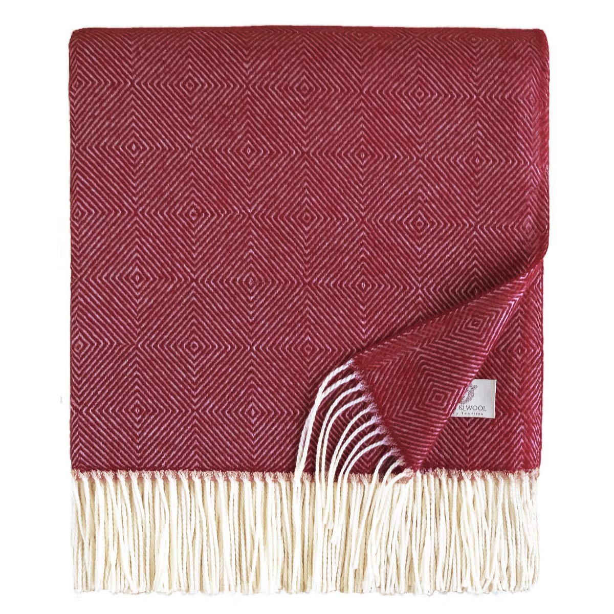 Linen & Cotton Classic Extra Soft Cosy Light Throw/Blanket Diamond - 100% Fine Merino Wool, Bordeaux Red (140 x 200 cm) Warm Plaid Lambswool for Sofa Bed Bedroom Couch Settee Bedspread Single