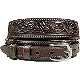 Western Pattern. Basketweave. Floral Tooled Engraved Genuine Full Grain Leather Ranger Belt, Assembled in the U.S