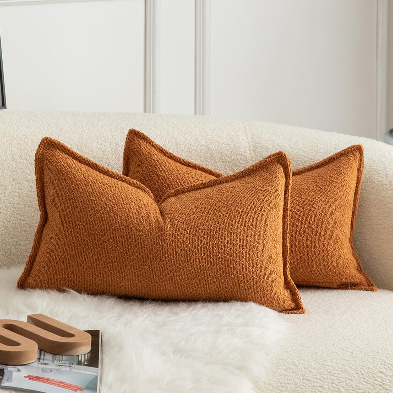 Mandioo Pack of 2 Cushion Covers 30cm x 50cm Decorative Accent Solid Woven Textured Throw Pillow Covers cases Bedroom Living Room Couch Sofa Home 12 x 20 Inch Tobacco