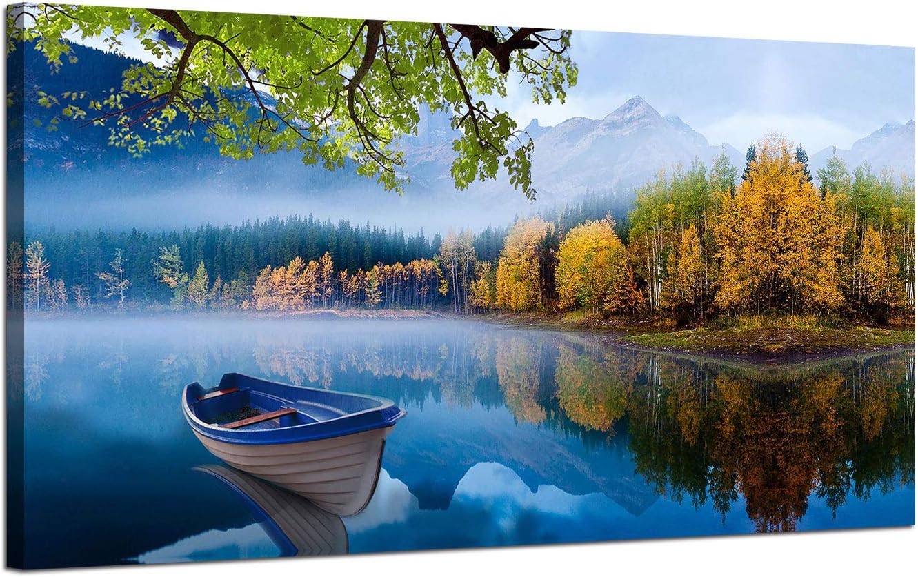 Wall Décor - Arjun Lake Canvas Wall Art Blue Mountain Sky Nature Landscape Boat Picture Artwork Modern Scenic Painting Framed Large Size for Living Room Bedroom Bathroom Dinning Room Home Office Wall Decor 40
