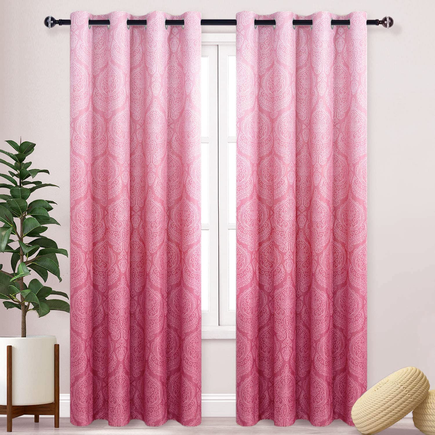 Photo 1 of DWCN Ombre Blackout Curtains for Bedroom - Damask Patterned Thermal Insulated Energy Saving Grommet Curtains for Living Room, Set of 2 Gradient Window Curtain Panels, 52 x 84 Inches Long, Pink
