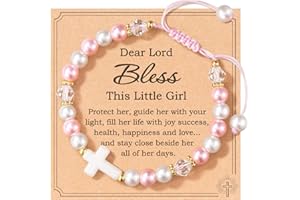 HGDEER Dear Lord Bless This Little Girl, Pink Pearl Shell Cross Adjustable Bracelet for Girls, Baptism, Easter, First Communion, Confirmation Christian Gifts for Godchild Kids