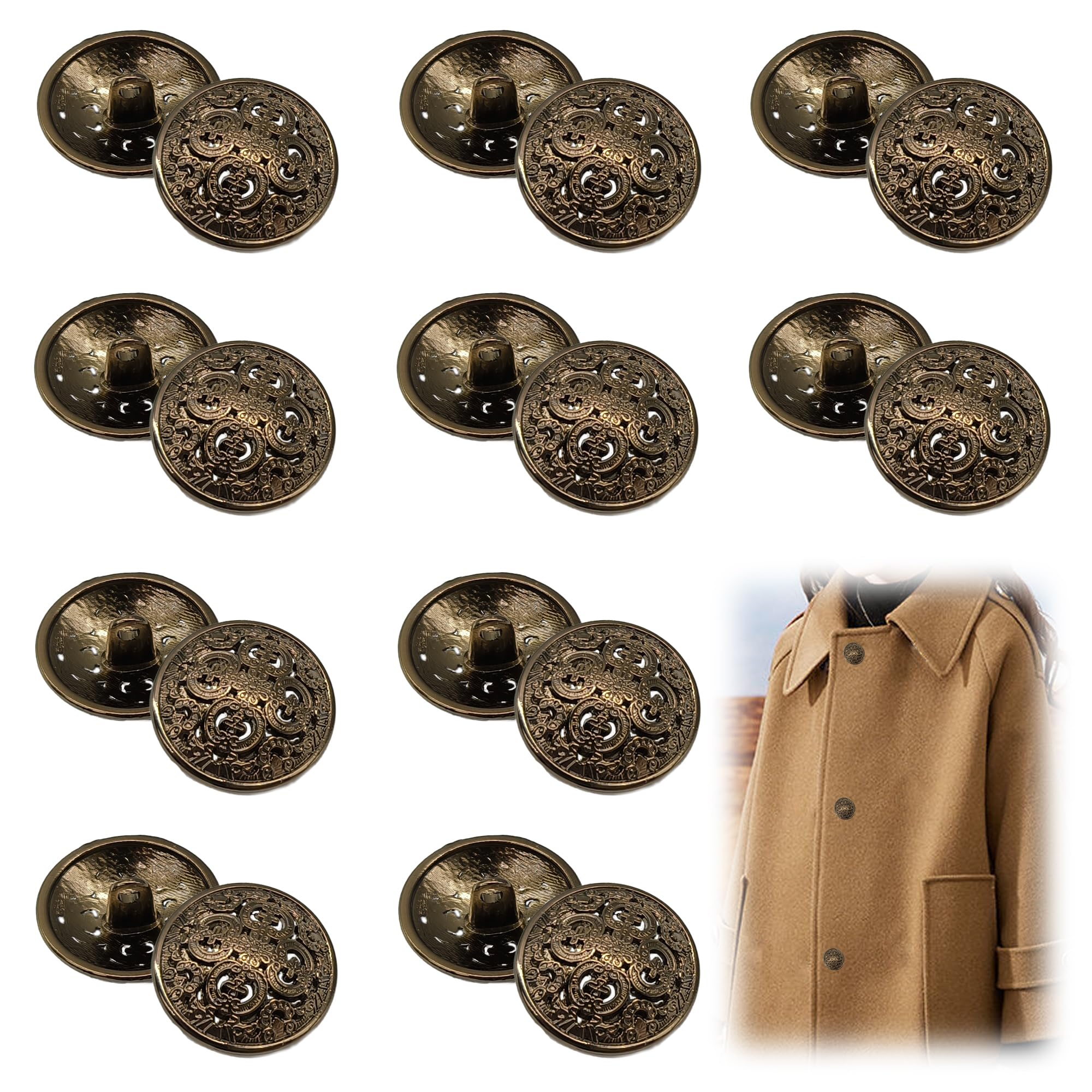 XCSJ Metal Vintage Sewing Button, 20 Pieces, Round, Metal, Antique Bronze, Large, for Coat, Blazer, Shirt, Jacket, Uniform