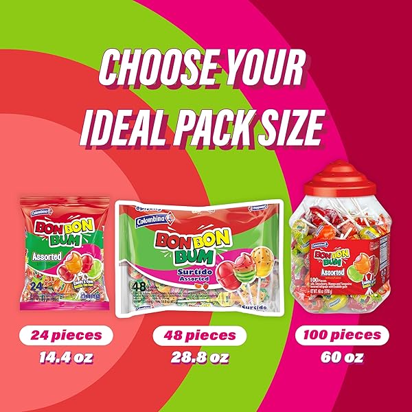 COLOMBINA BON BON BUM ASSORTED LOLLIPOPS FRUIT HARD CANDY, INDIVIDUALLY WRAPPED SWEET FRUIT POPS, 48 COUNT (PACK OF 1)