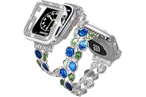 VIQIV Bling Dressy Bracelet with Case Compatible with Apple Watch Bands 38mm 40mm 41mm 42mm 44mm 45mm for Women Girls Strethy, Thin Stainless Steel Metal Wristband Straps for iwatch Bands Series 9/8/7/6/5/4/3/2/1/SE