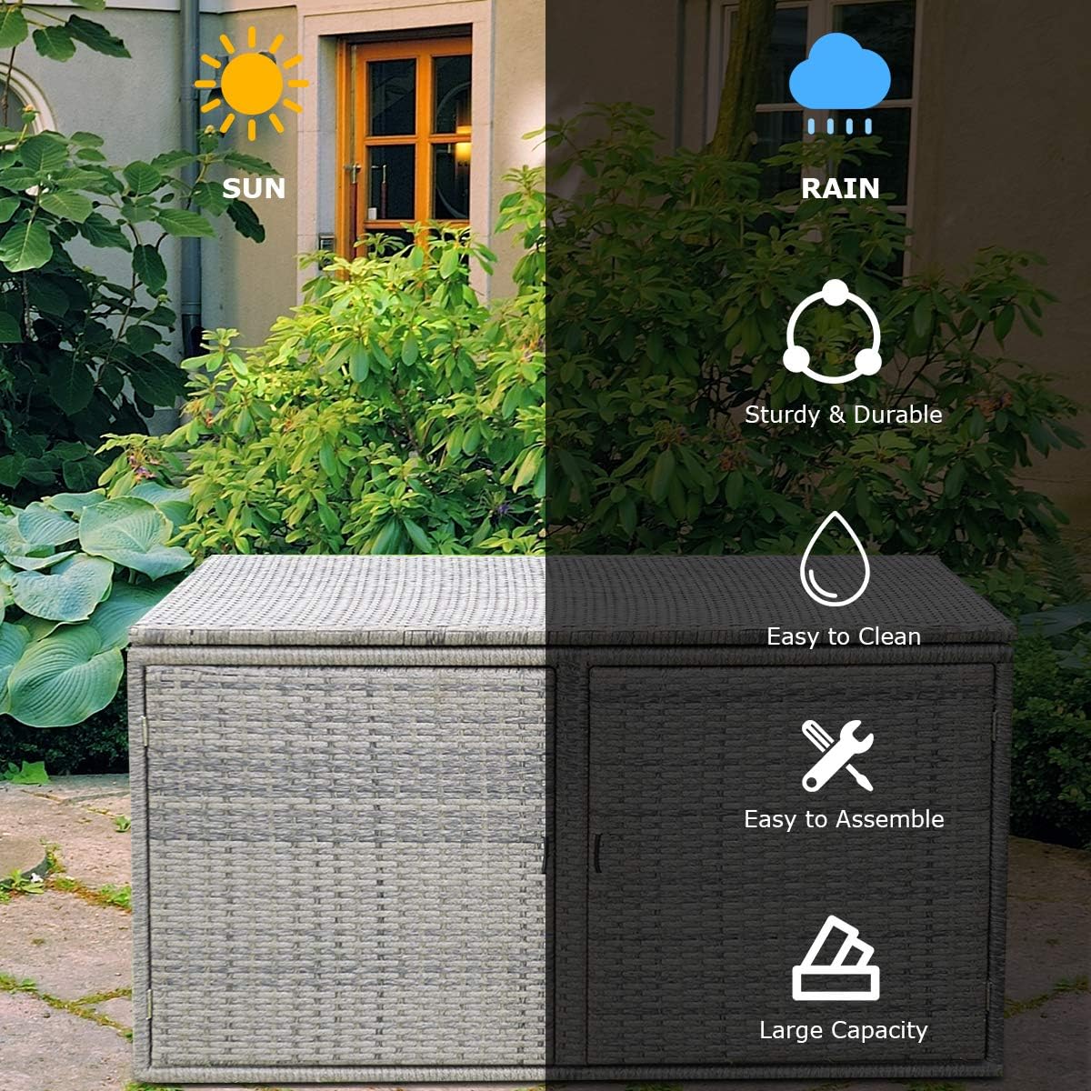 Tangkula Outdoor Wicker Storage Box, Garden Deck Bin with Steel Frame, Rattan Pool Storage Box with Lid, Ideal for Storing Tools, Accessories and Toys, 88 Gallon Capacity (Grey): Home Improvement