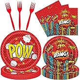 96 Pcs Super Theme Hero Plates For Red Hero Party Supplies Plates Napkins Forks Hero Theme Birthday Party Decorations Birthday Disposable Dinnerware Tableware for Boys Girls Serves 24