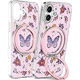 Loheckle for iPhone 16 Case with Stand- Compatible with MagSafe Women Girls Cute Girly AestheticDesign Soft TPU Magnetic Ring Phone Cover for Apple 16, Butterfly Flower