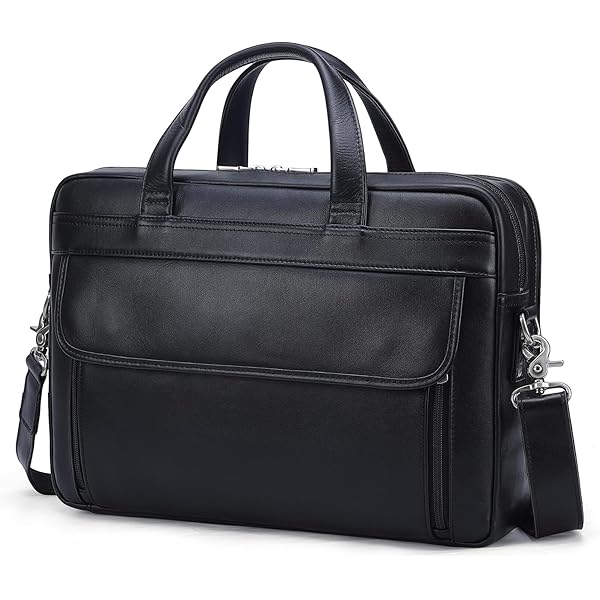 Masa Kawa Black Leather Briefcase for Men, Waterproof 16 Inch