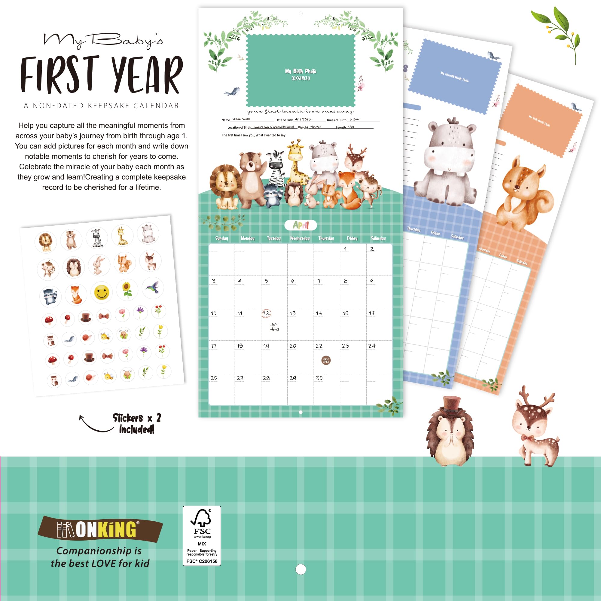 Baby's First Year Calendar with Stickers by Bright Day - 1st Year Tracker - Baby Memory Book for Girls to Document and Cherish Baby First Year Milestones,- Milestone Keepsake for Baby Boy with Pocket