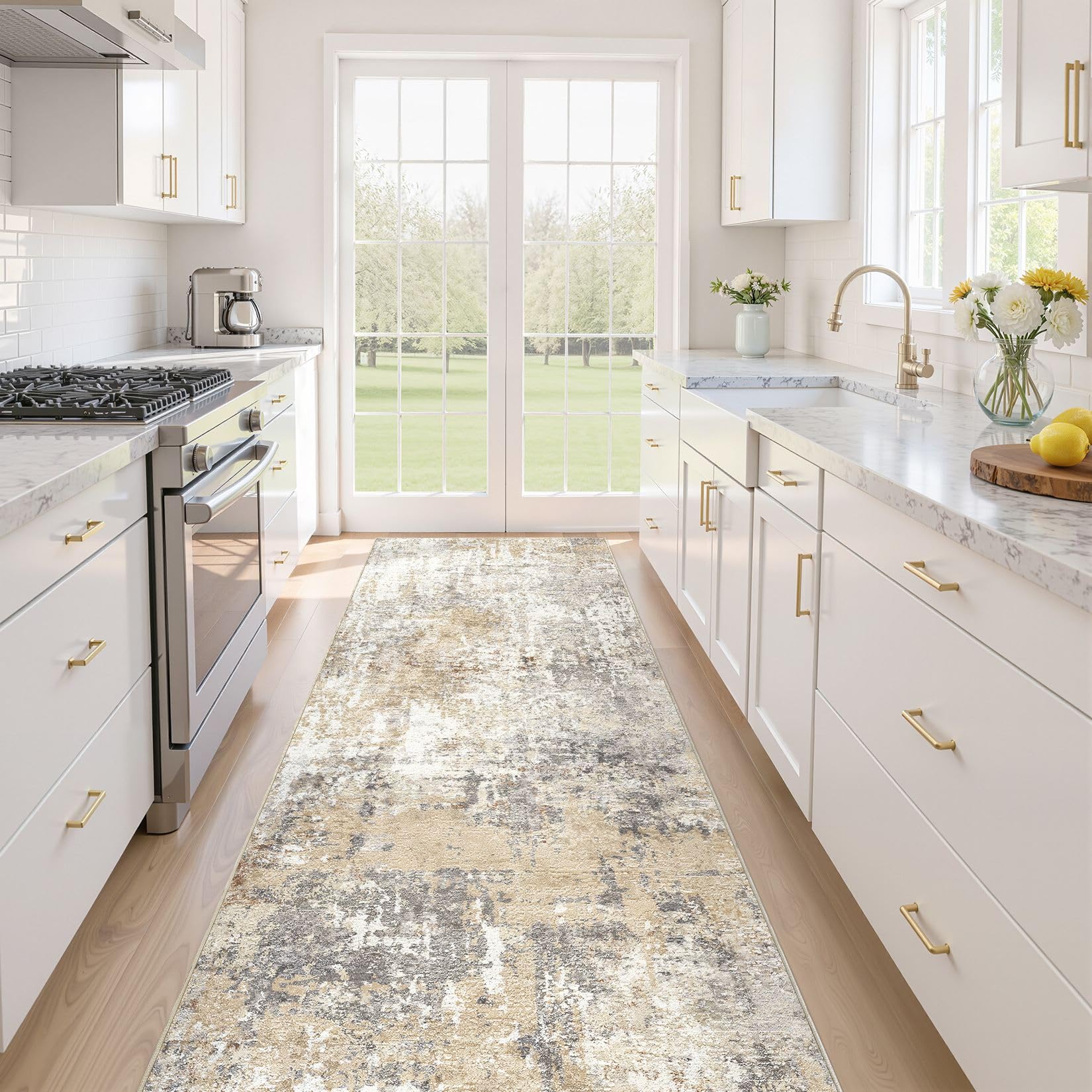 Photo 1 of Runner Rug Kitchen Washable Rugs: 2x6 Non-Slip Abstract Soft Modern Stain Resistant Indoor Floor Neutral Accent Throw Carpet for Hallway Bathroom Laundry Room Entryway Bedroom- Gray Gold