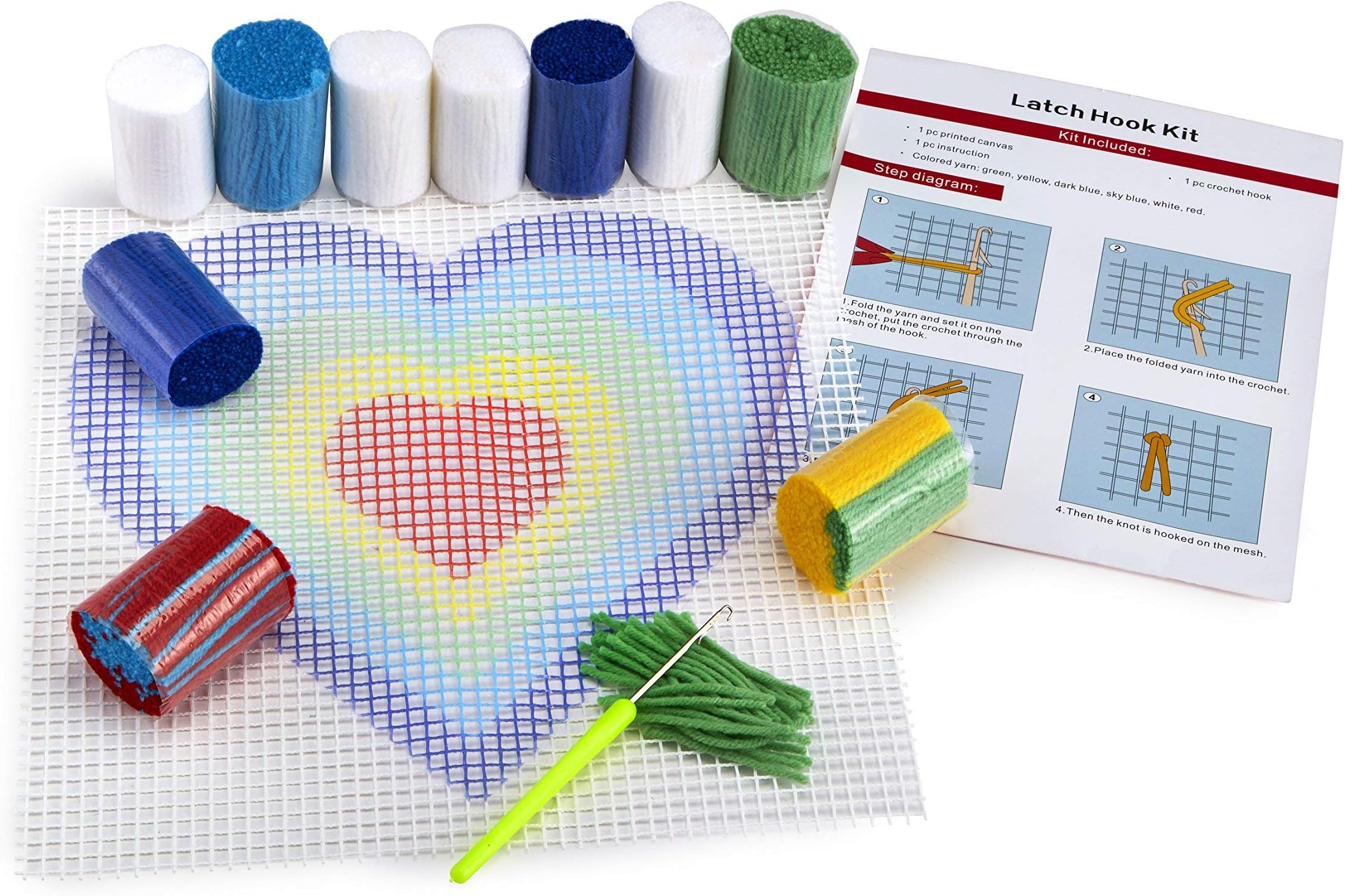 Heart DIY Latch Hook Kit – Sew Your Own 12"x12" Fuzzy Rug - Includes Canvas, Tool, Instructions, Acrylic Yarn – Crochet and Needlework Crafts for Kids and Adults – by Zirrly (Heart)