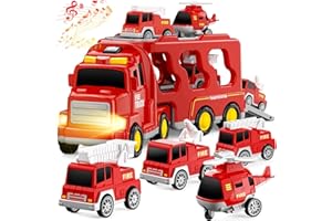 FunMission Toddlers Fire Truck for Kids 3-9 Year Old，5 in 1 Friction Power Vehicle Car for 3 4 5 6 7 Years Old Boys Girls，Carrier Truck Transport Toys for Christmas and Birthday Gifts