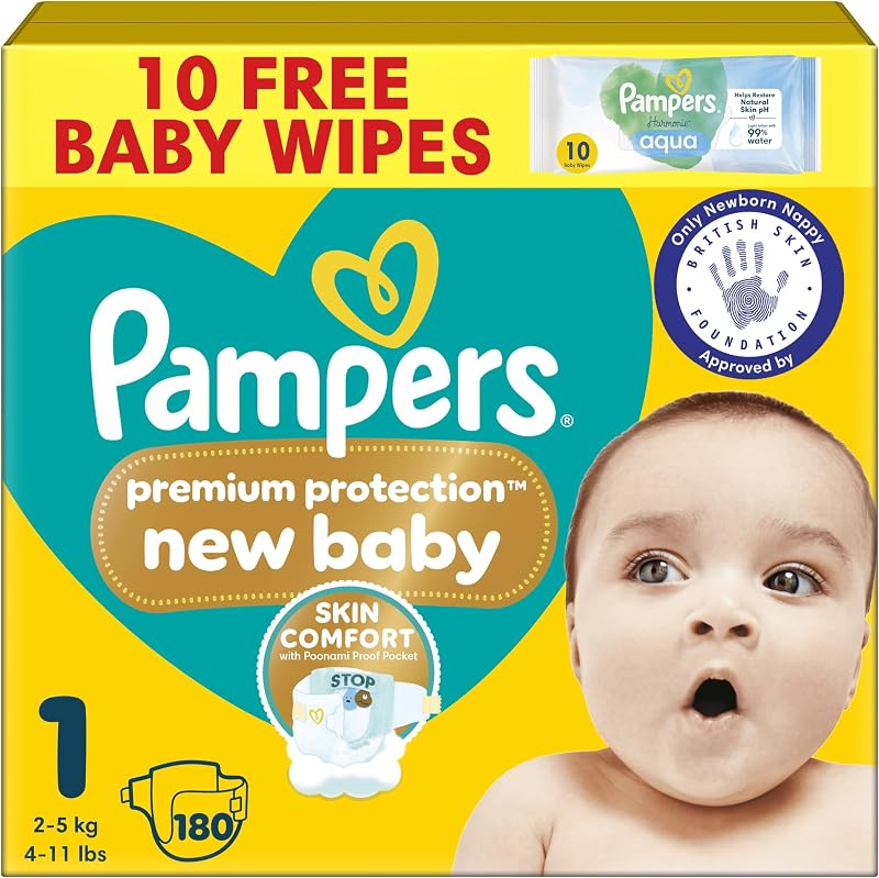 Pampers Premium Protection New Baby Size 1 180 Nappies 2kg-5kg Monthly Pack