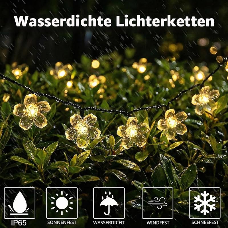 Lichterkette Außen Solar, 11M solar lichterkette außen Blume 60 LED Wasserdicht 8 Modes mit Speicherfunktion LED Blühen Blumefür Garten Terrasse Balkon Party Hochzeit Patio Dekoration