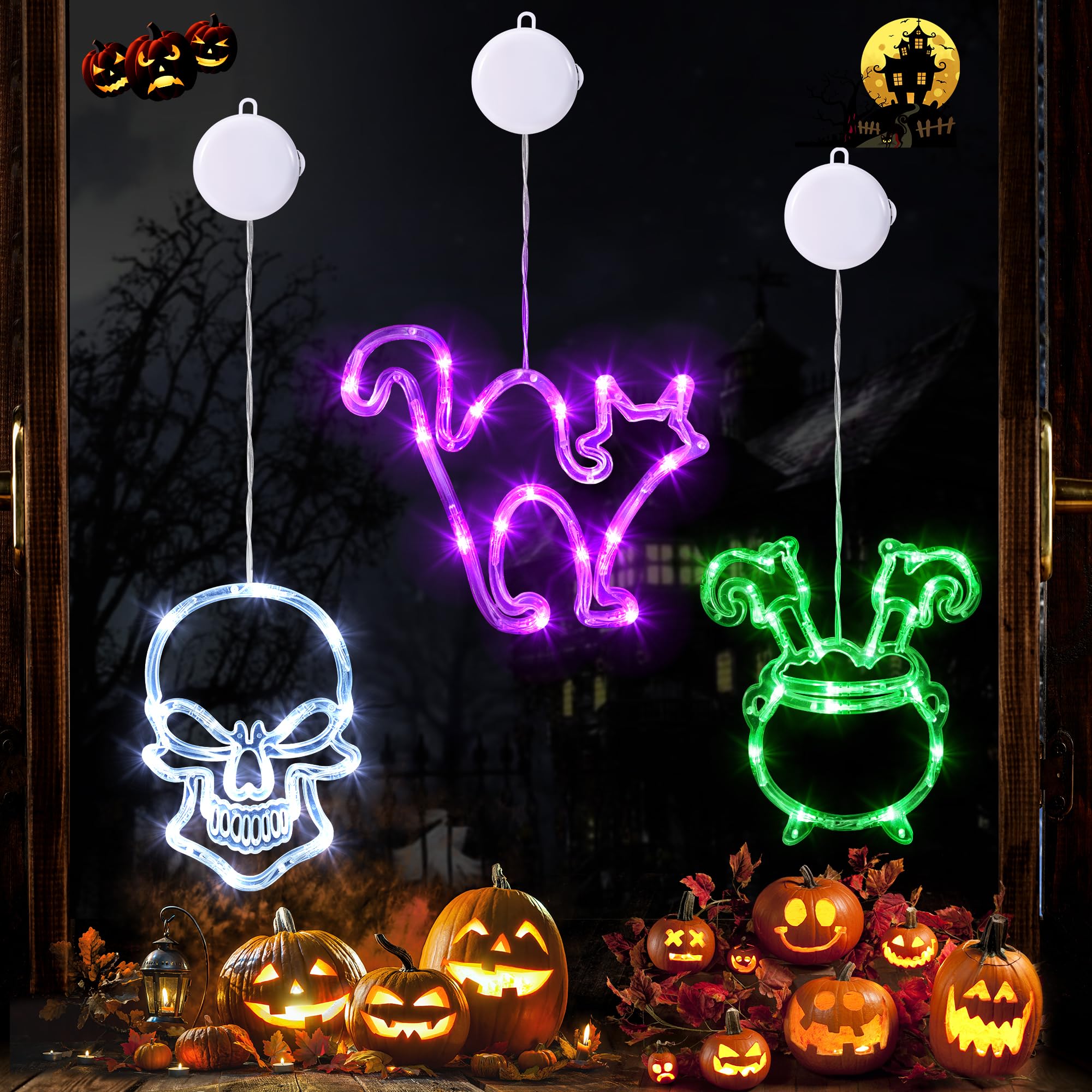 Photo 1 of Joomer Battery Operated Halloween Window Lights, White Skull, Purple Cat, Green Cauldron, Halloween Lights Decorations with Suction Cup and Timer Functions (Batteries not Included)