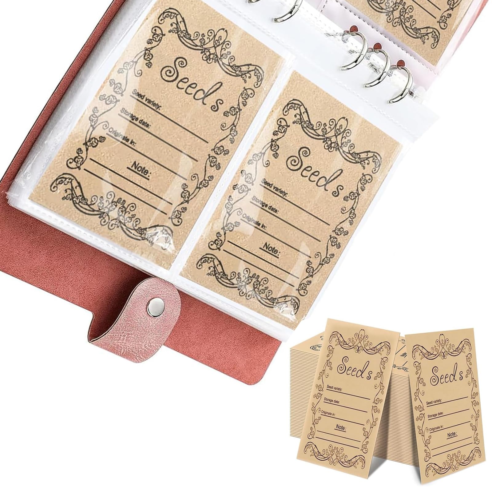 100 Resealable Seed Packets for Vegetable Storage - Self-Sealing Envelopes for Seed Saving and Organization, Grid-Style Collection Book Included（Pink）