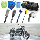 Vibrella 9 Pack Motorcycle Cleaning Kit - Professional Safe for Chrome/Engine/Tires, Hard Reach Brush, Microfiber Mitt, Detailing Tools, Drying Towel &amp; Wax Applicators