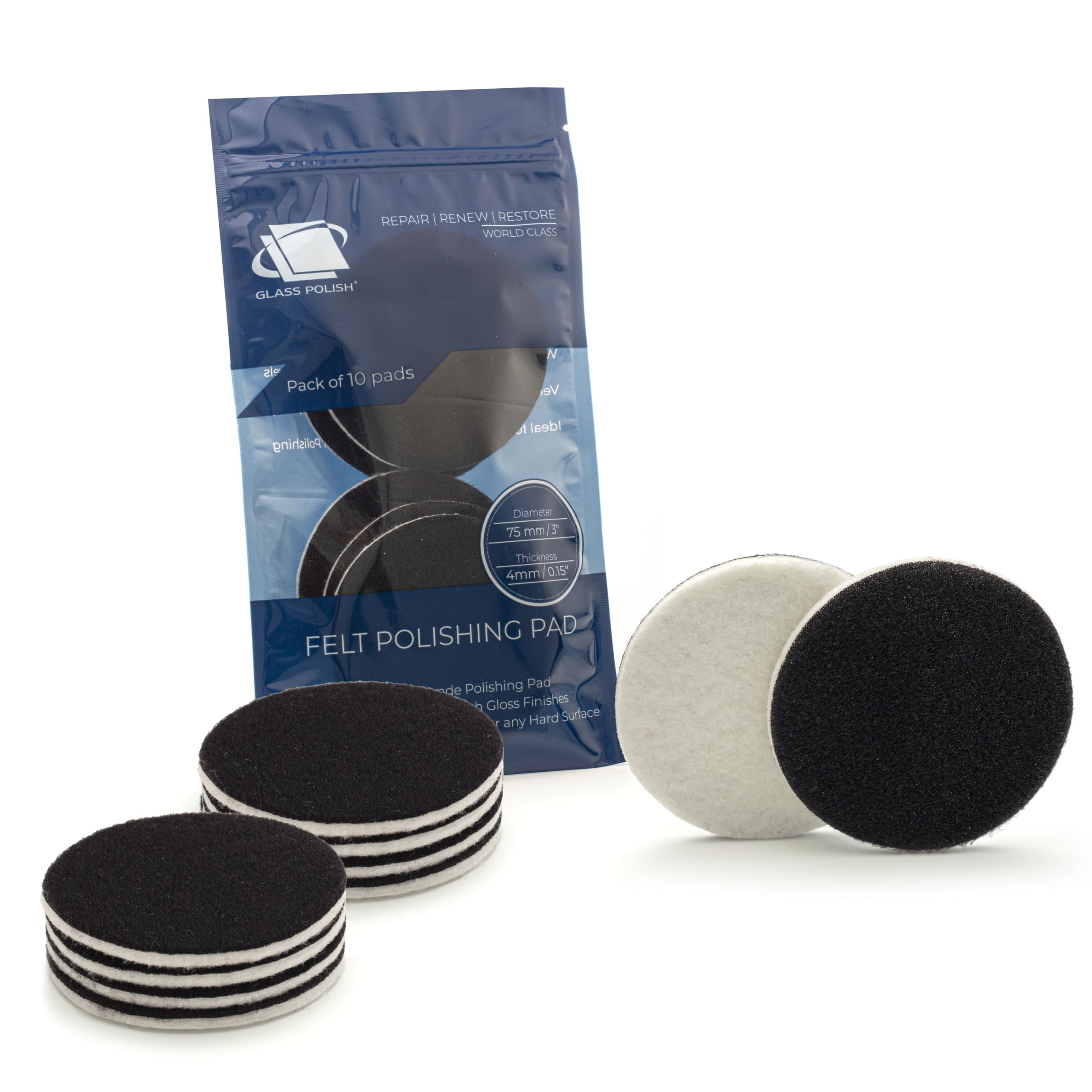 GLASS POLISH 75mm PRO Felt Polishing Pads for Cerium Oxide Glass Polishing, Scratch Removal and Professional High Gloss Finish on Glass, Plastic, Metal and Marble - (10 Pads)