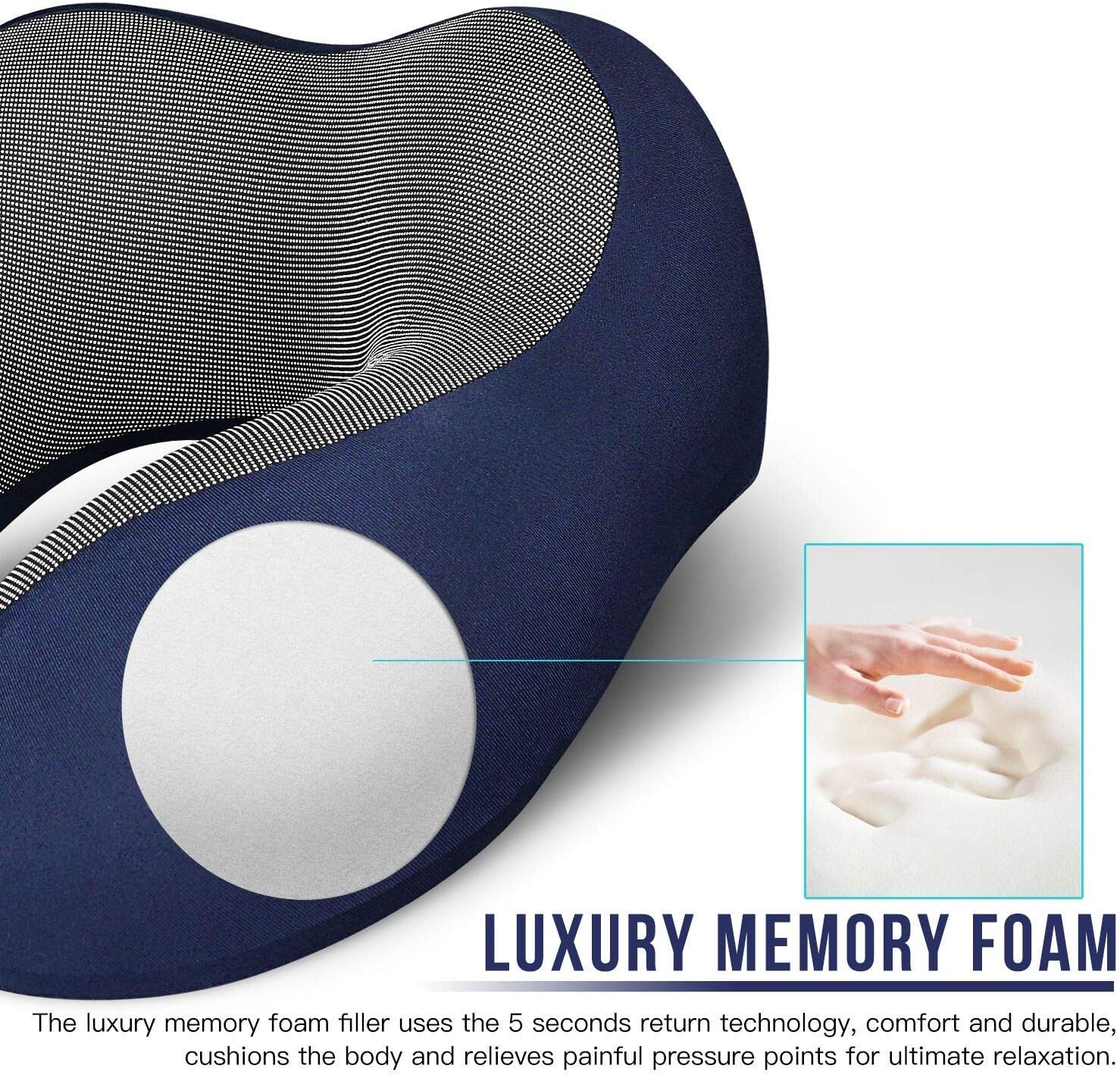 MLVOC Travel Pillow 100% Pure Memory Foam Neck Pillow, Comfortable & Breathable Cover, Machine Washable, Airplane Travel Kit with 3D Contoured Eye Masks, Earplugs, and Luxury Bag, Standard (Blue): Home & Kitchen