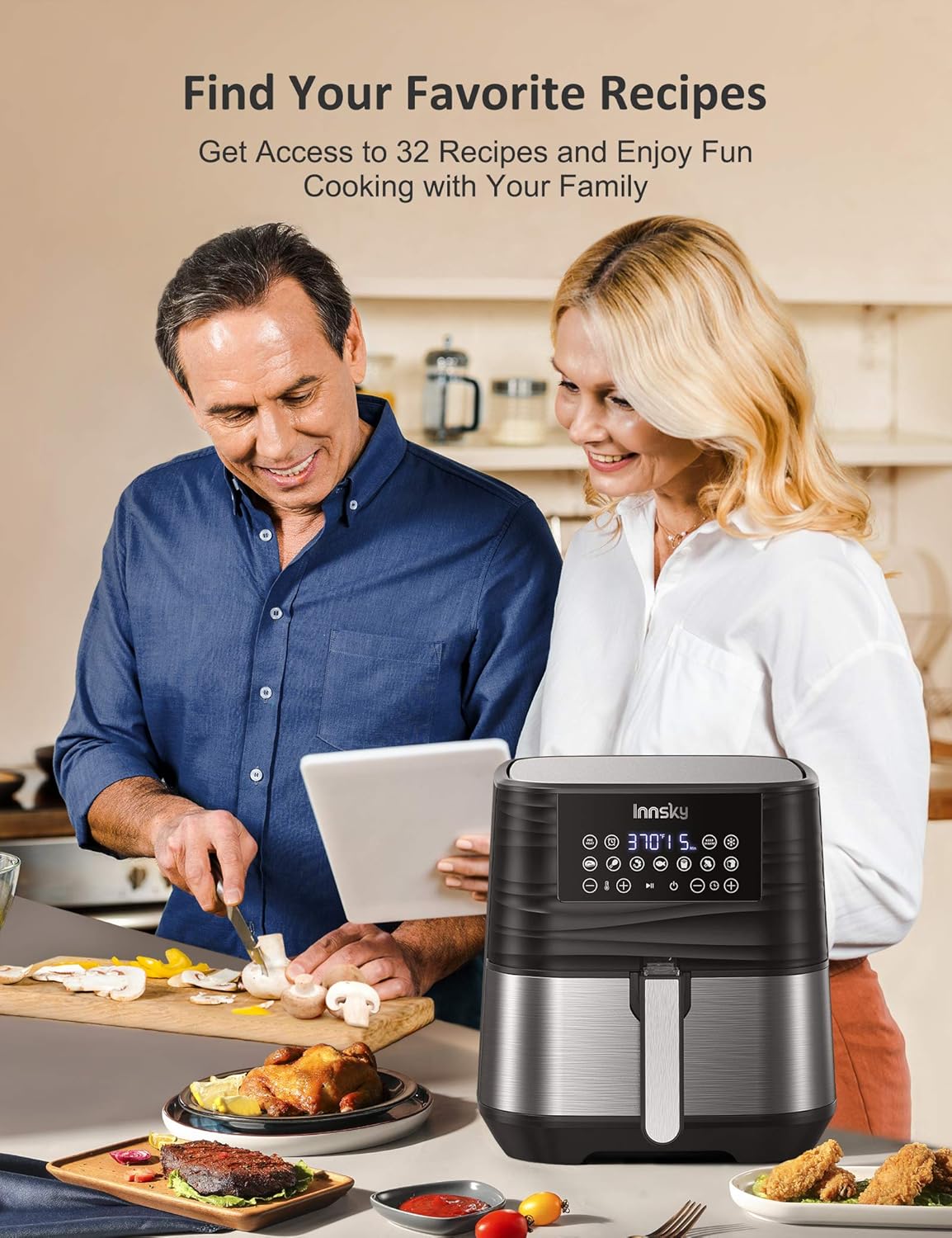 Innsky Air Fryer XL, 5.8 QT, 1700W Electric Stainless Steel Hot Air Fryers Oven for Roasting/Baking/Grilling, LED Touch Digital Screen with 7 Cooking Presets, Preheat& Keep Warm, Appointment & Nonstick (32 Recipes): Kitchen & Dining