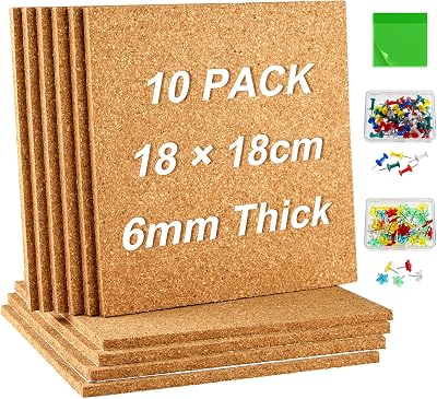 PLULON 10PK 18x18cm Self Adhesive Cork Board Tiles Bulletin Board w/ Push Pins