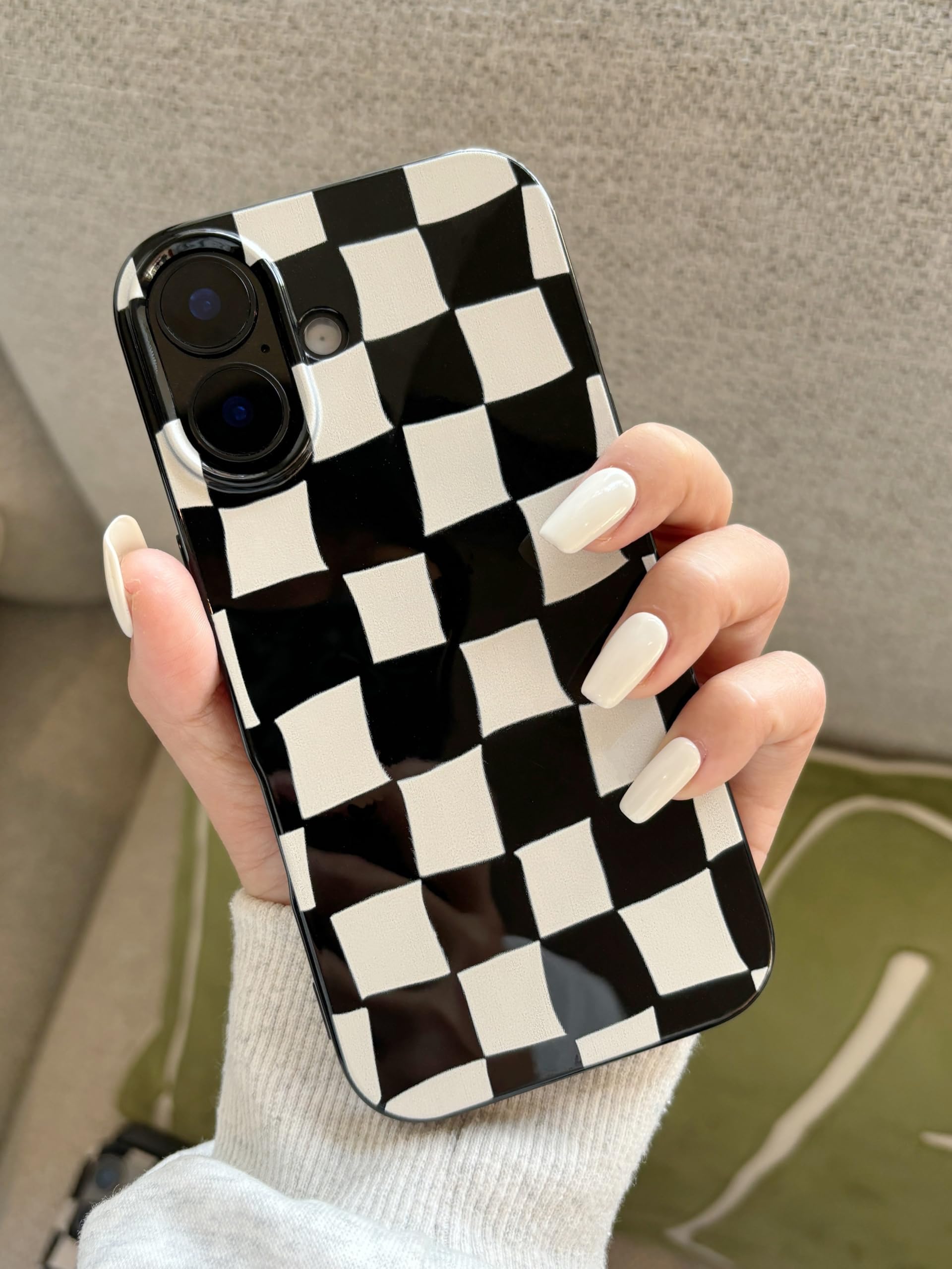 Jusnfu for iPhone 15 Pro Max Case 6.7 Inch, Trendy Checkered Aesthetic Cute Girly Design for Women & Girls, Checkerboard Pattern Phone Case, Slim Fit Silicone Protective Cover, Black and White
