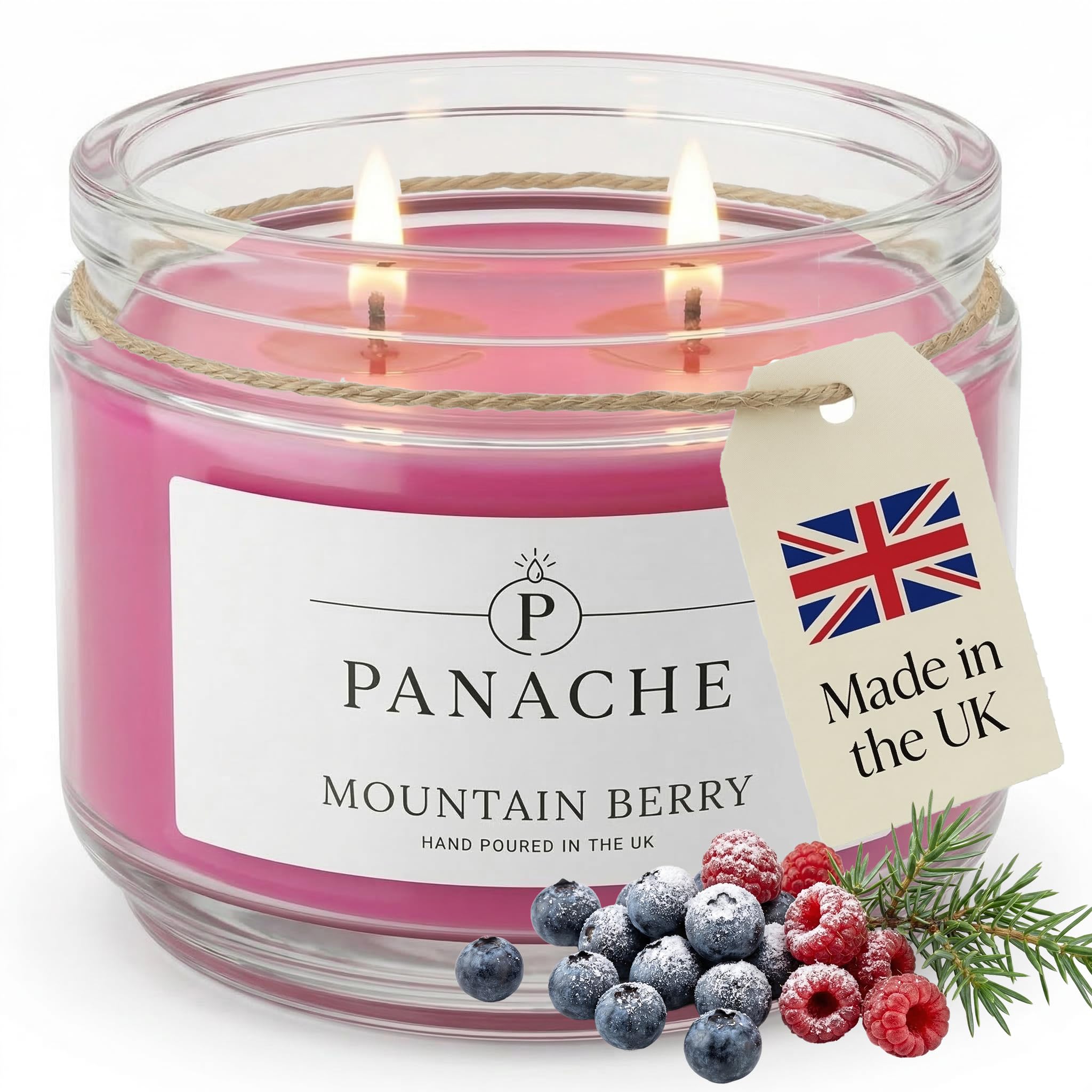 Panache Mountain Berry Scented Candle – Double Wick Soy Wax Candle, 48 Hour Burn Time, Hand Poured in UK, Clean Burning Cotton Wicks, Luxury Glass Jar Candle for Home Fragrance & Gifts (320g)