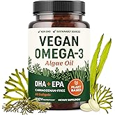 Vegan Omega 3 Algae Oil, Plant Based DHA EPA, Sustainably Sourced, Non-GMO | Carrageenan-Free, Heart, Brain & Eye Health Supp