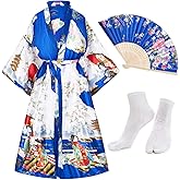 Long Kimono Satin Printed Lightweight Cardigan Jacket Coat Yukata Cloak Bathrobe Tops fans Tabi socks set