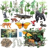 Teyva Daily 48 Pcs Rainforest Diorama Kit Habitat Project Box Set | Rainforest Diorama Supplies Include Rainforest Animal Figures Artificial Trees Fake Rock with Cardboard for DIY Craft Gifts