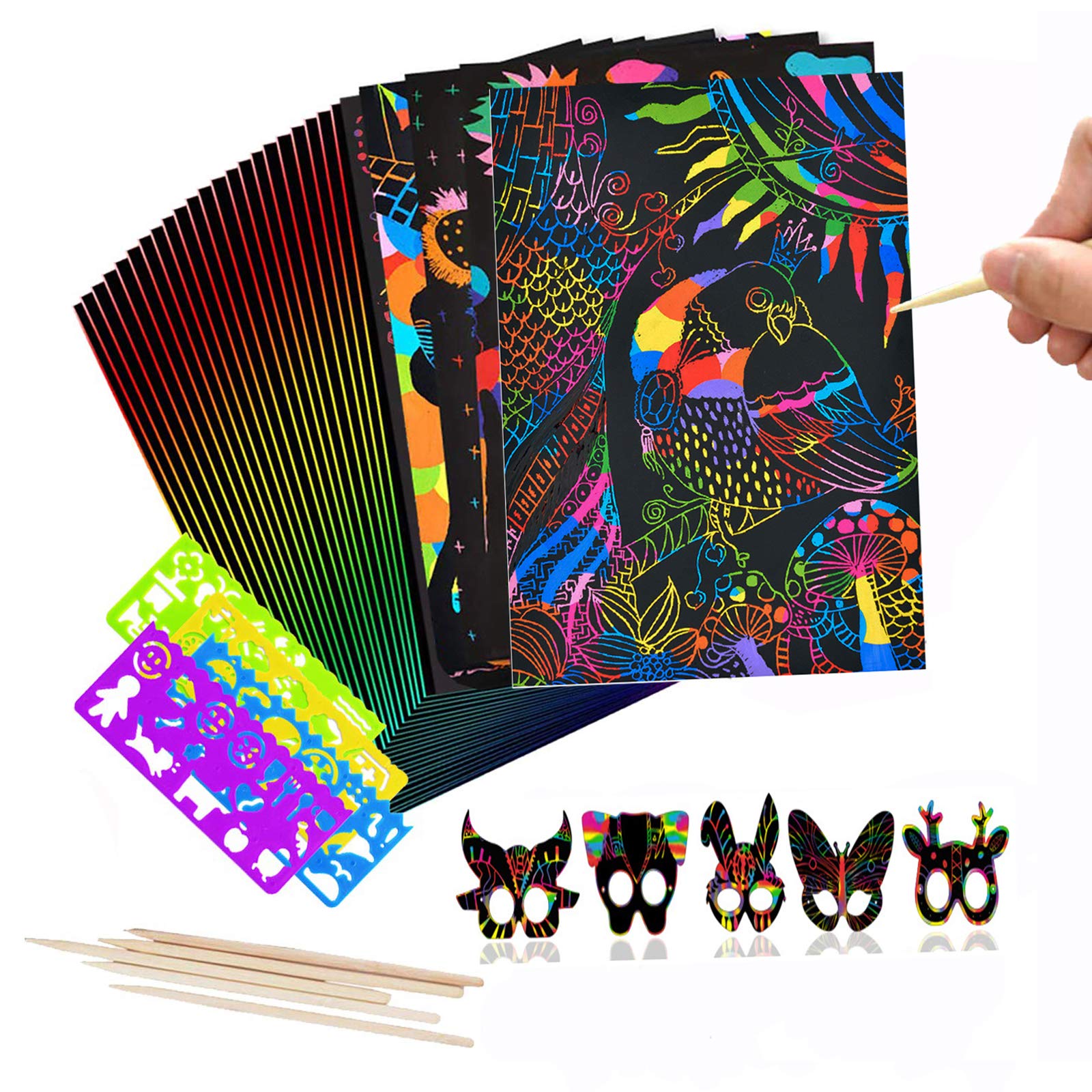 Scratch Art for Kids,50 Pcs Rainbow Scratch Off Paper Combo Arts Set Black Magic Scratch Art Notes Paper Boards Doodle Pad for Girls Boys Christmas Birthdays Party Gift (7.6" x 10.62")