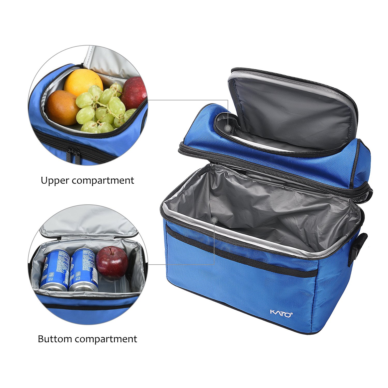 Kato Insulated Lunch Bag, Leakproof Bento Cooler Tote Lunch Box for Men and Women, Dual Compartment with Shoulder Strap, Blue
