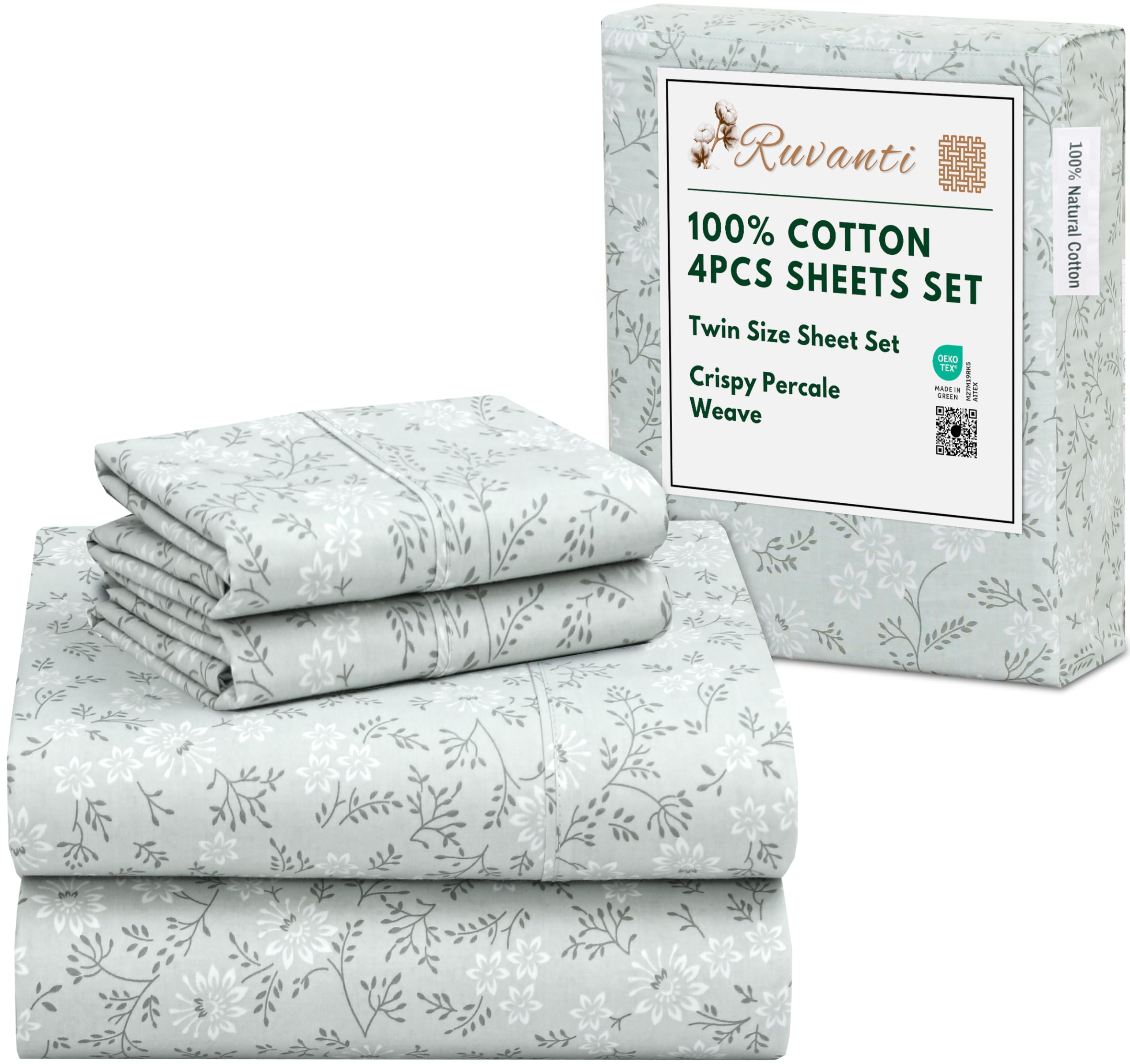 RUVANTI 4 Pcs Cotton Sheets - 100% Natural Cotton Soft, Lightweight & Breathable Crispy Percale Bed Sheets, Twin Sheets Set 16" Deep Pockets, Everbloom Studio Image RUVANTI 4 Pcs Cotton Sheets - 100% Natural Cotton Soft, Lightweight & Breathable Crispy Percale Bed Sheets, Twin Sheets Set 16" Deep Pockets, Everbloom Studio Image