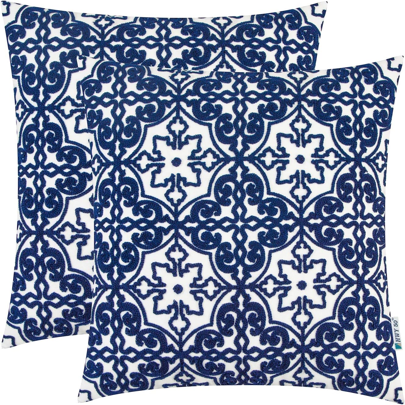 HWY 50 Embroidered Decorative Cushion Covers Throw Pillow Cases set for Couch Sofa Living Room Deep Blue Floral Geometric 45 x 45 cm set of 2