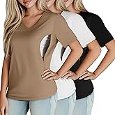 Huukeay 3 Pack Women's Maternity Nursing Tops, Hidden Zippers Breastfeeding Clothes V Neck Short Sleeve Pregnancy Shirts Tees