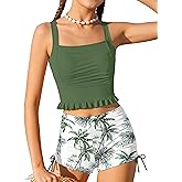 HOTOME Girls Swimsuit Two Piece Ruched Ruffle Tankini Swimsuits for Girls Bathing Suit with Drawstring Shorts Swimwear 9-16T