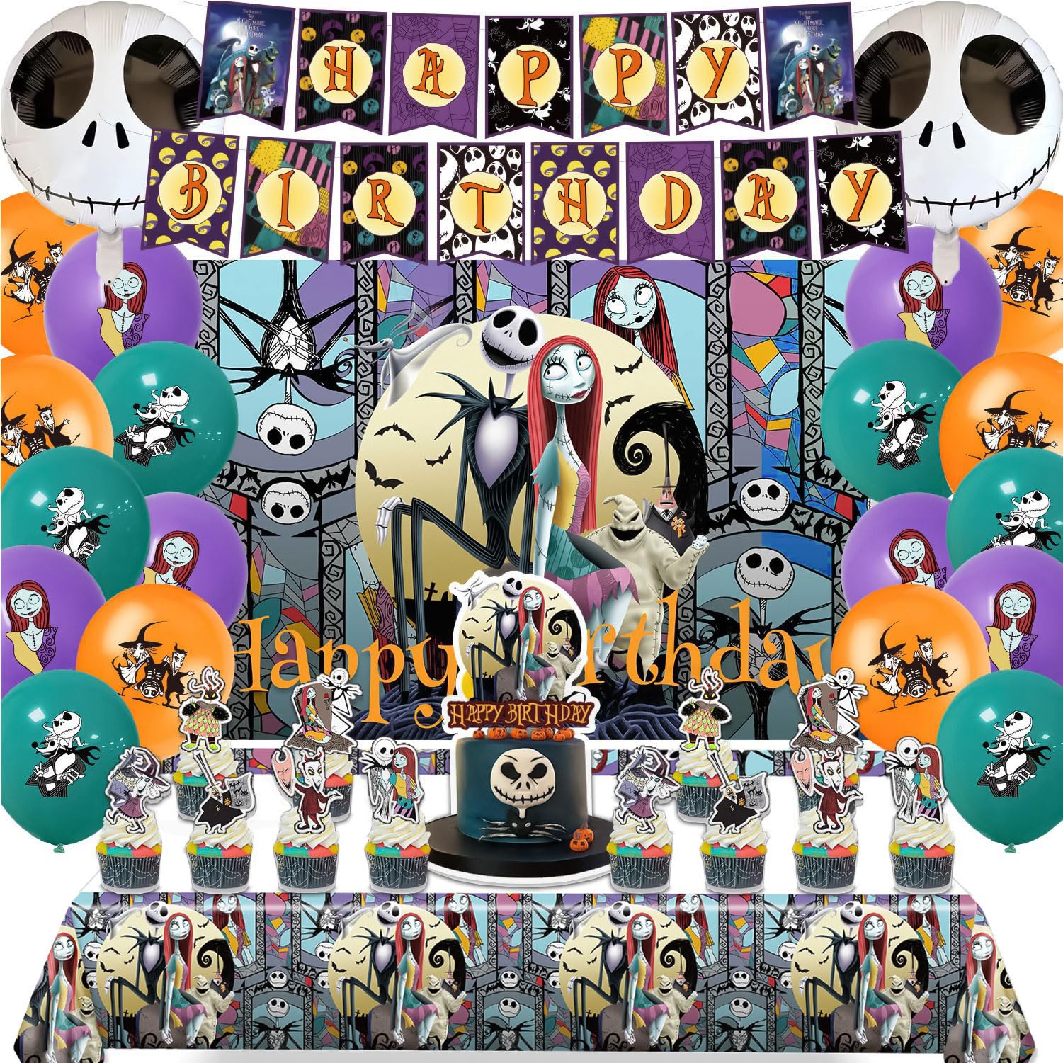 Photo 1 of Favuit Birthday Decorations, Nightmare Christmas Party Supplies Halloween Birthday Party Decorations Set Includes Banner Balloons Tablecloth Backdrop Hanging Swirls Cake Toppers