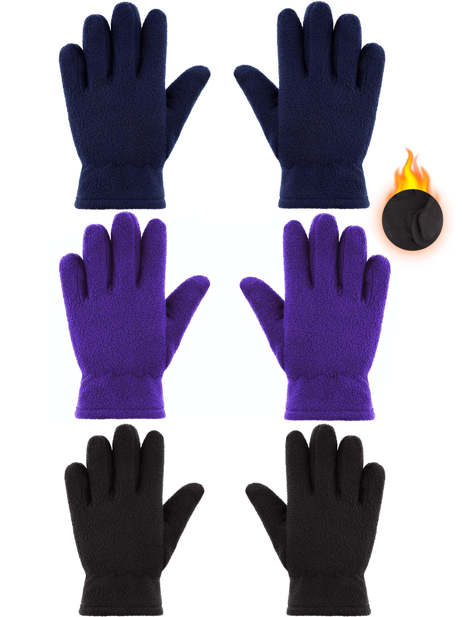 SATINIOR 3 Pairs Kids Fleece Winter Gloves Warm Full Fingers Gloves for Boys Girls Snow Outdoors Activities Supplies(5-8 Years,Black, Purple, Navy Blue)