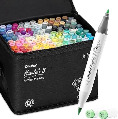 Ohuhu 120 Colour Alcohol Brush Markers Double Tip with Bonus Blender