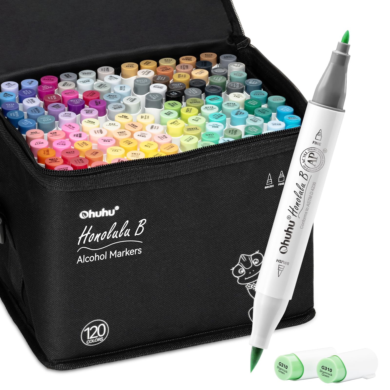 Ohuhu Alcohol Brush Markers 120 Colours, Double Tipped (Brush & Fine Tip) Sketch for Artist Art Markers for Adult Coloring and Illustration, Bonus 1 Blender