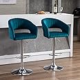 ZHENGHAO Swivel Bar Stools Set of 2 Modern Velvet Adjustable Counter Height Bar Stools with Hollow Back, Upholstered Kitchen Island Dining Chairs with Chrome Footrest and Base for Pub Bar (Teal)