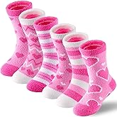HONGTEYA Girls Kids Fuzzy Socks with Grips Toddler Non Slip Slipper Socks Crew Fluffy Warm Winter Sock 6 Pairs for 4-12 Years