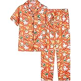 UNICABBIT21 Orange Ghosts Halloween Satin Pajamas for Big Girls Silk Button Down Short Sleeve & Pants PJS 2PCS Size 8-16