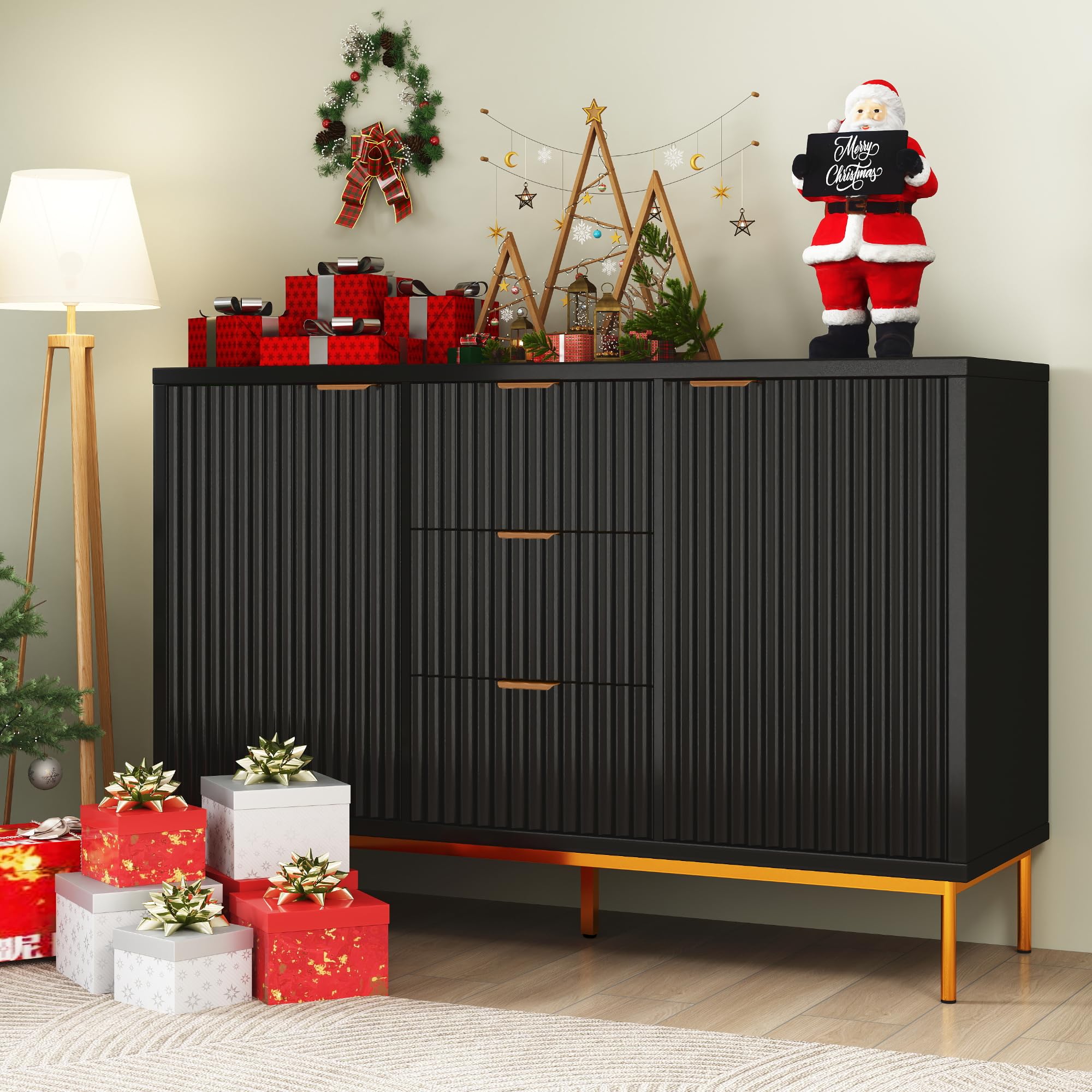 Photo 1 of *MISSING PARTS - Selling for parts*
Real Relax Fluted Sideboard Cabinet, Modern Sideboard Buffet Cabinet with Storage, Coffee Bar Credenza Buffet Table with 2 Doors 3 Drawers for Kitchen, Living, Dining Room, Black